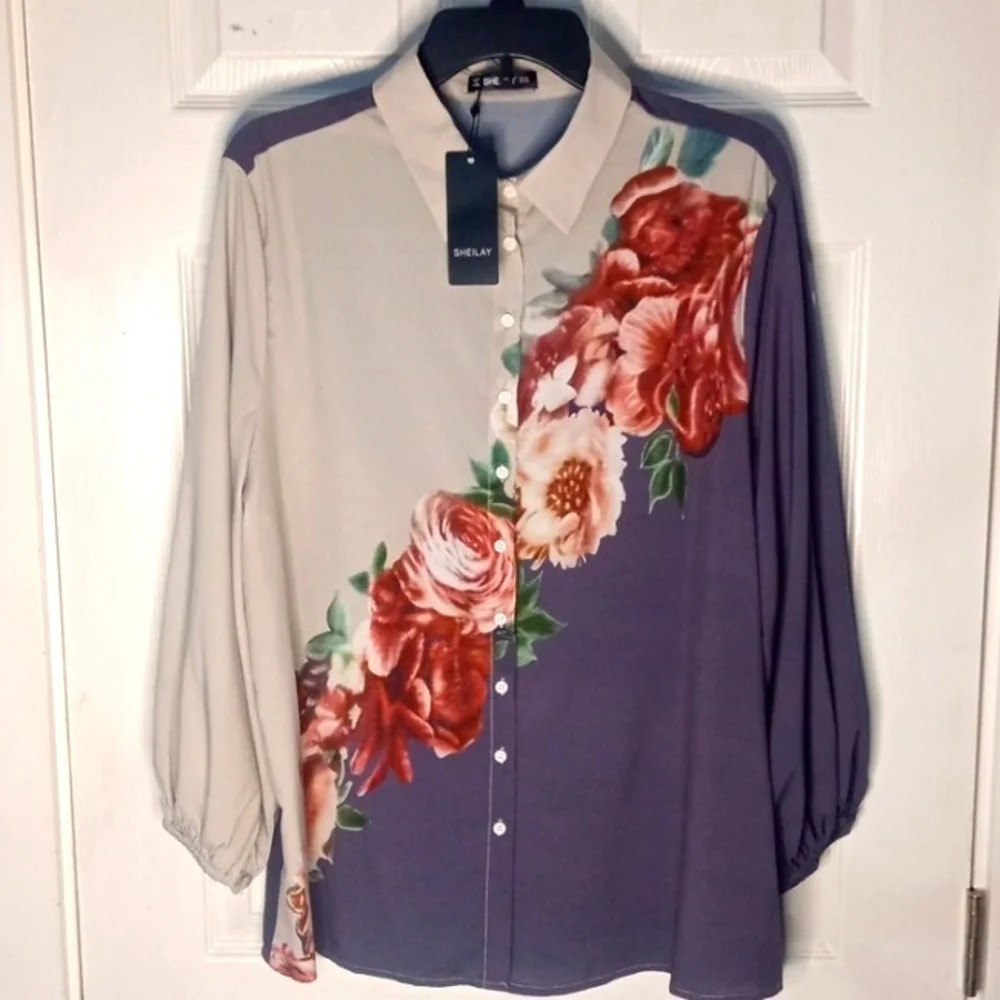 New- Sheilay floral print collared button-up blouse. Size XXL. C240​​​​​